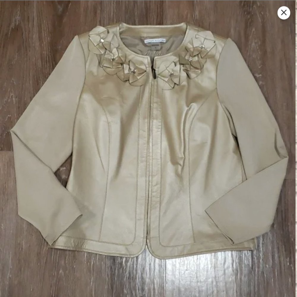 (L) Peter Nygard 100% Leather Knit Detail Metallic Fancy Formal Special Occasion